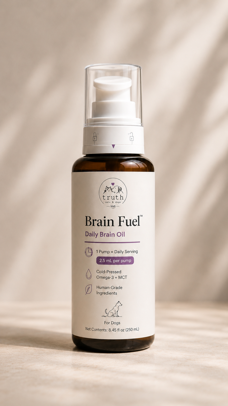 Brain Fuel amber pump bottle with feature callouts.