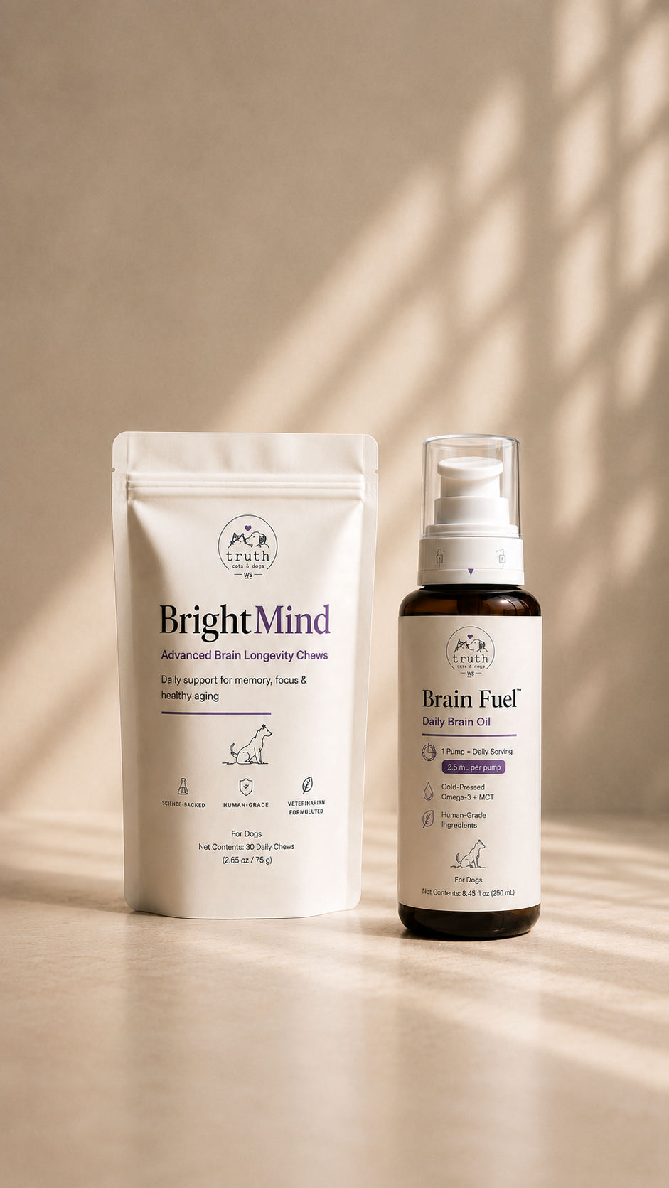 BrightMind pouch and Brain Fuel bottle together on a warm oak surface.