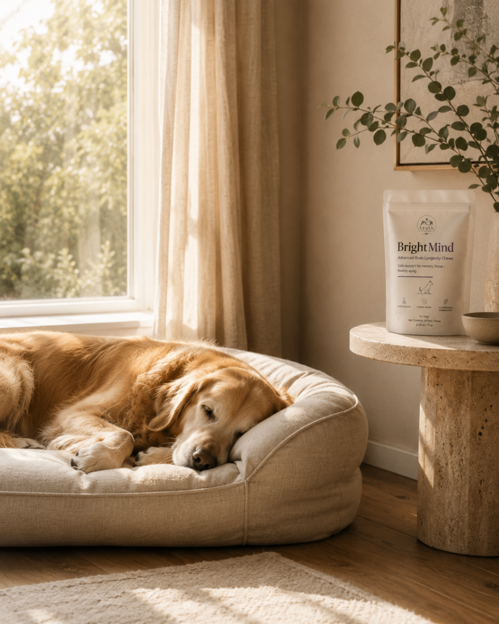 A golden retriever asleep in a sunlit corner beside the BrightMind pouch on a small side table.