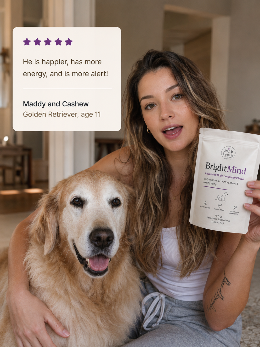 Maddy and Cashew with BrightMind chews — Golden Retriever, age 11.