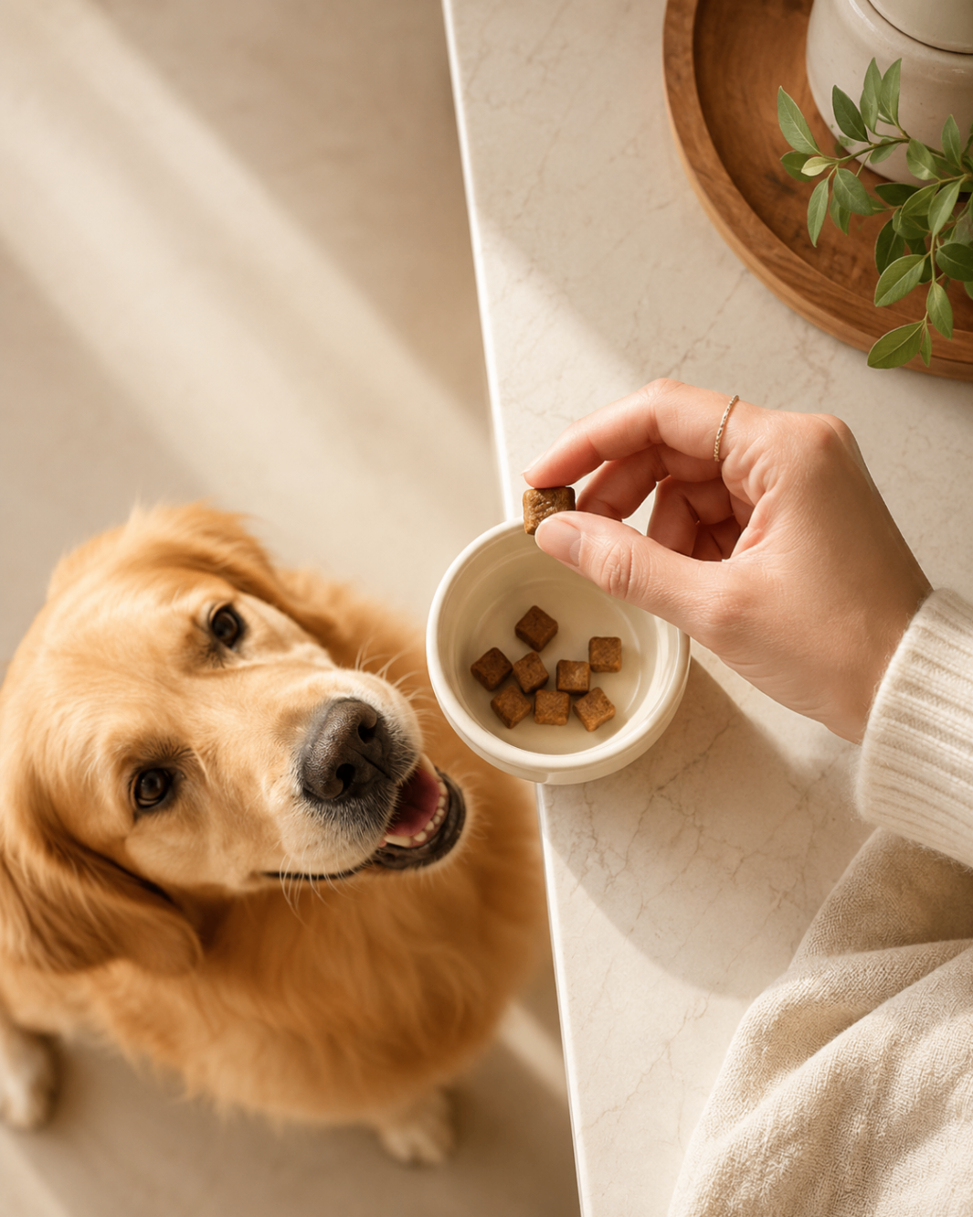 A hand offering a BrightMind chew to a golden retriever from a small ceramic bowl.